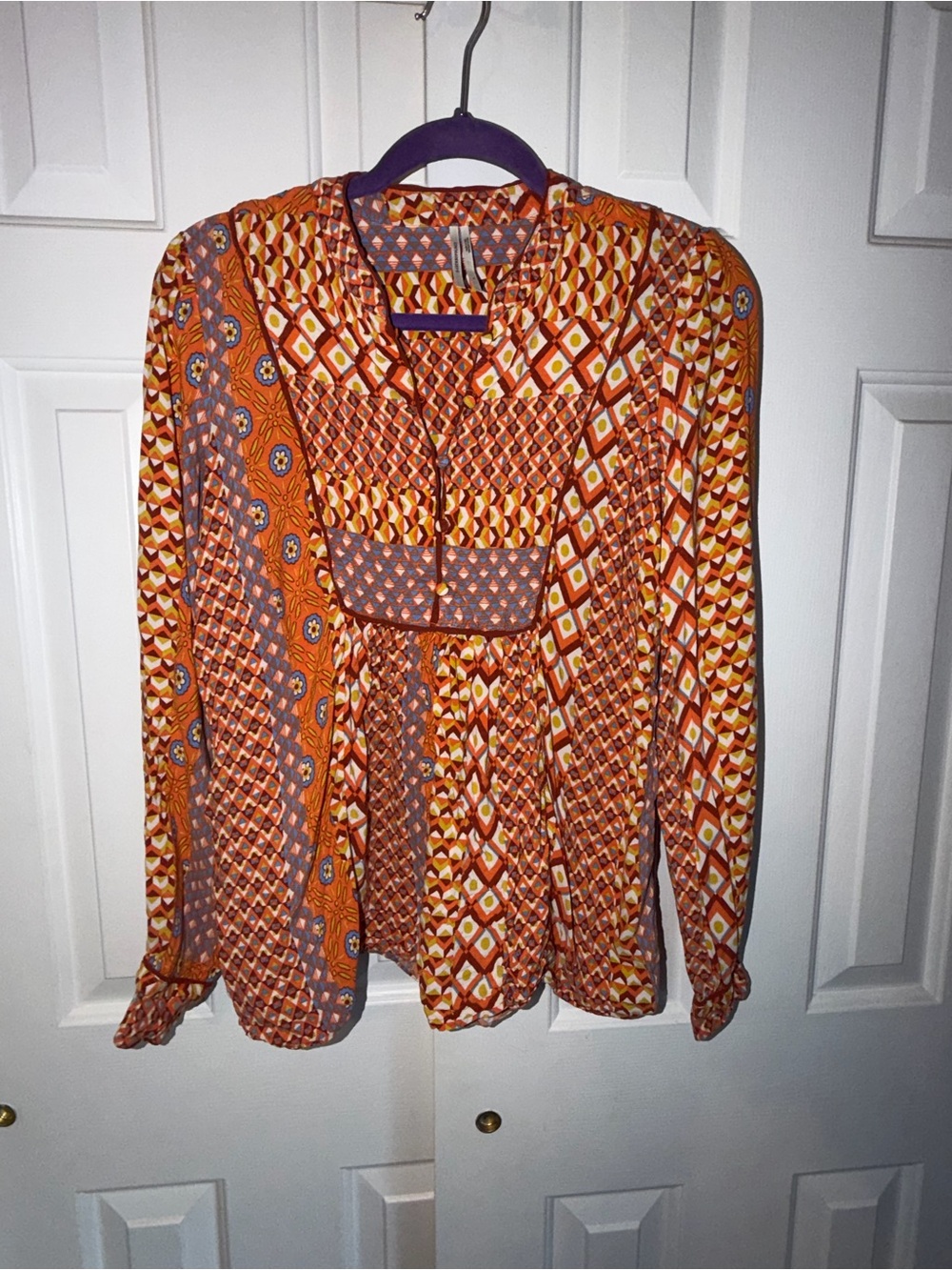 Anthropologie Orange and Gray Geometric Peasant Blouse